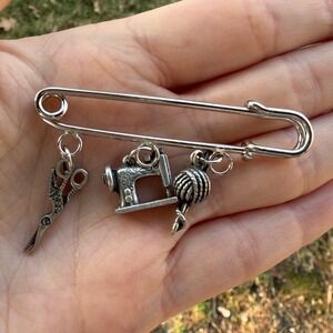 Burdick Silver Tone Sewing Knitting Charm Safety Pin Brooch Seamstress Gift